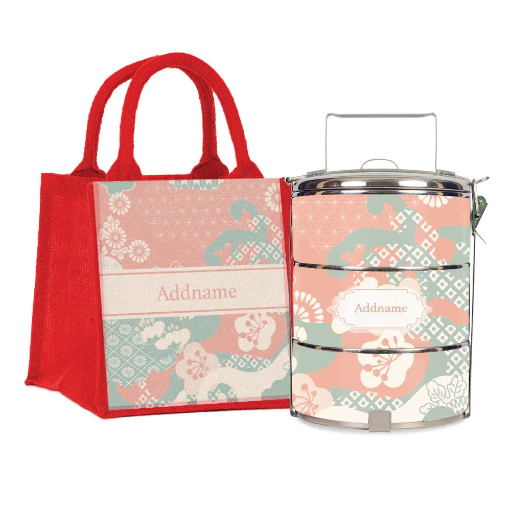 Rosy Cherry Blossom Oriental Series 3-Tier Standard Small 12cm Tiffin Carrier [FREE Custom Add Name]