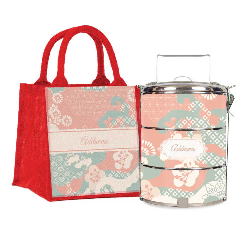 Rosy Cherry Blossom Oriental Series 3-Tier Standard Small 12cm Tiffin Carrier [FREE Custom Add Name]