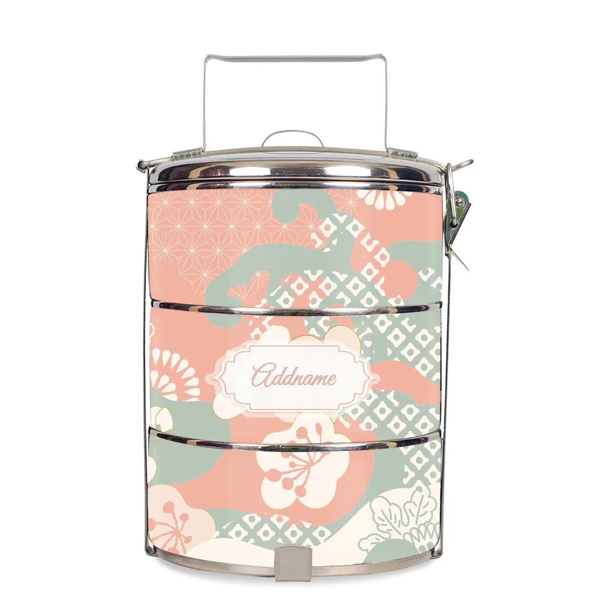 Rosy Cherry Blossom Oriental Series 3-Tier Standard Small 12cm Tiffin Carrier [FREE Custom Add Name]