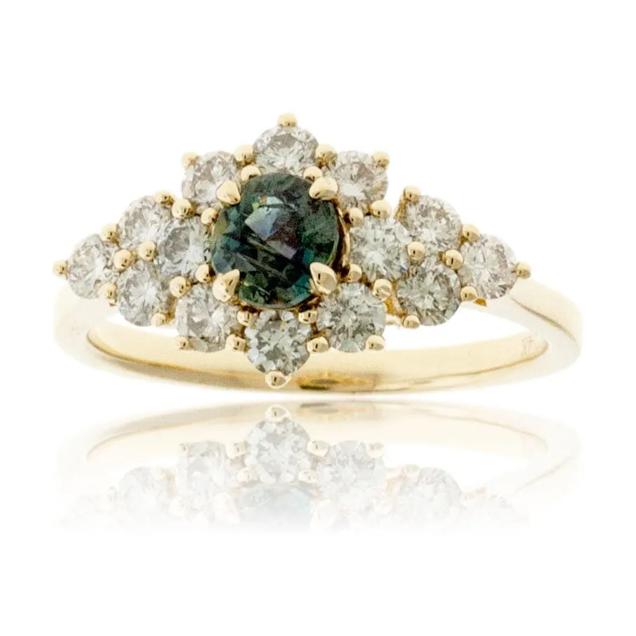 Round Alexandrite & Diamond Burst Halo Style Ring