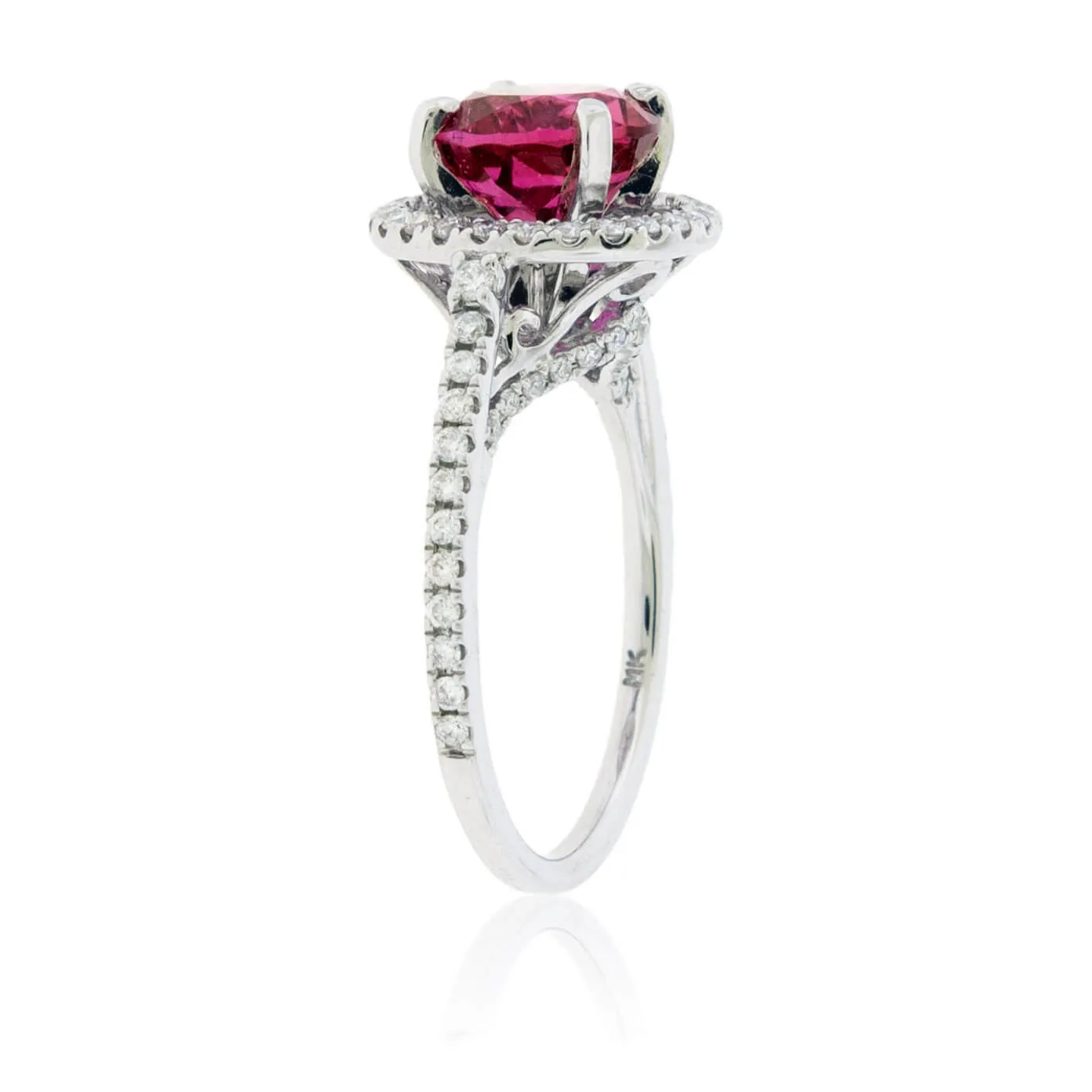 Round Pink Tourmaline Rubelite and Diamond Halo Ring