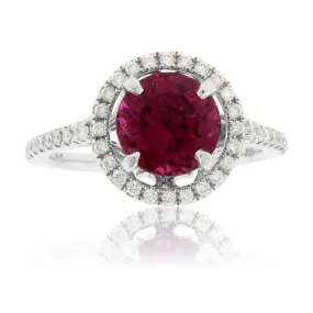 Round Pink Tourmaline Rubelite and Diamond Halo Ring