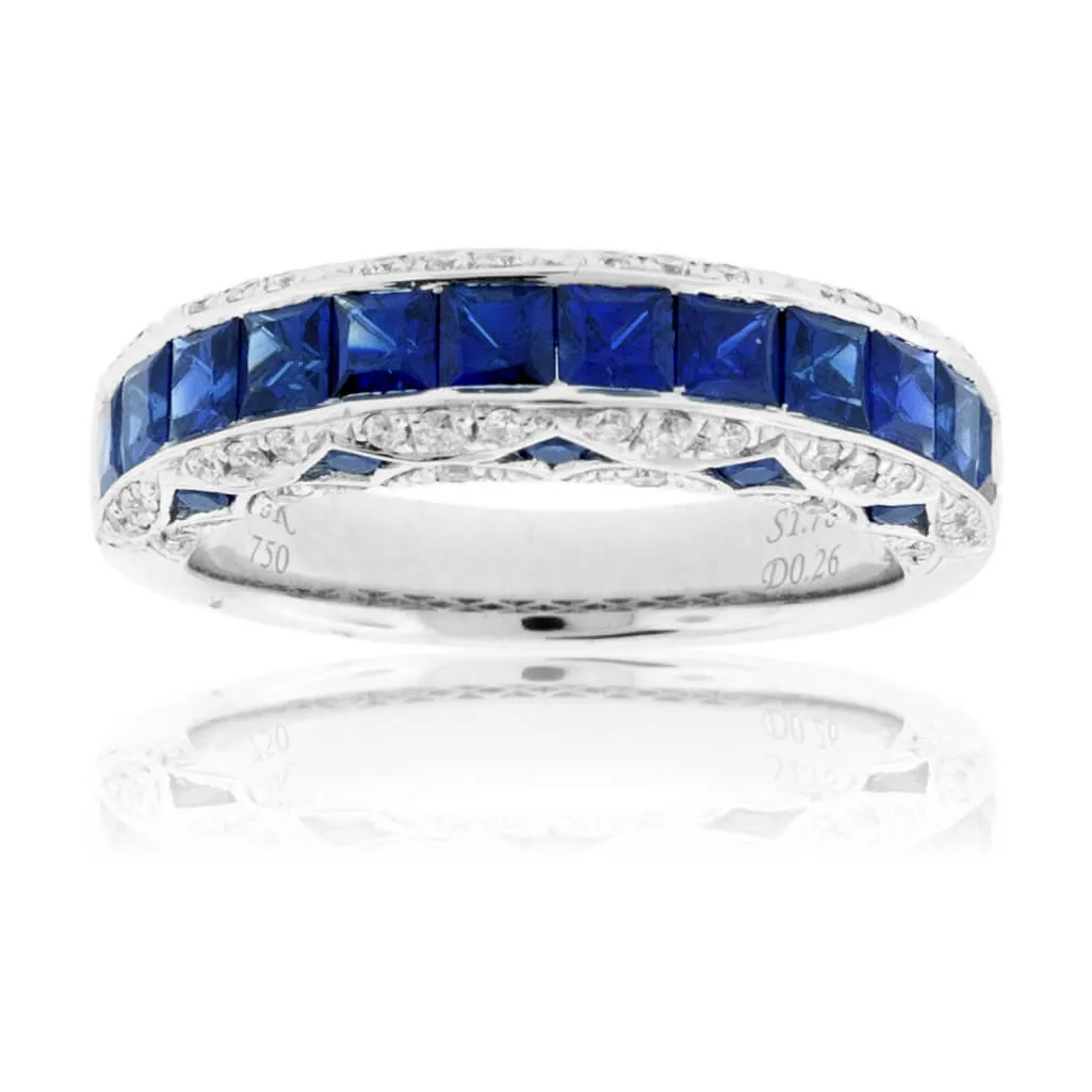 Square Sapphire & Diamond Lined Vintage Inspired Band