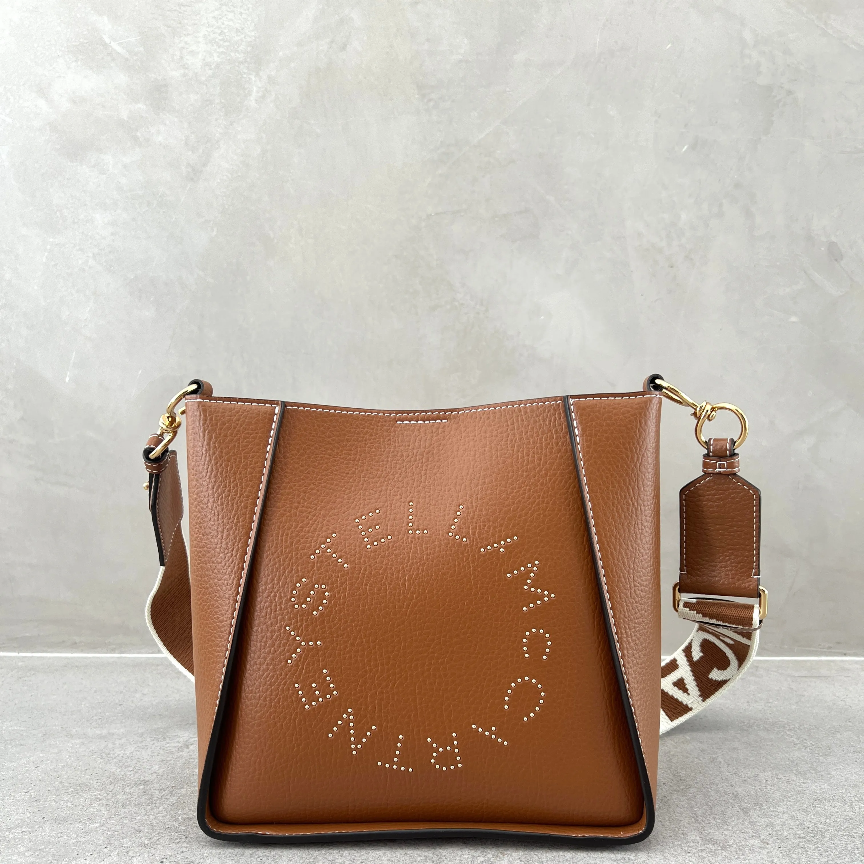 Stella Logo Mini Crossbody Hobo Grain Stud, Pecan