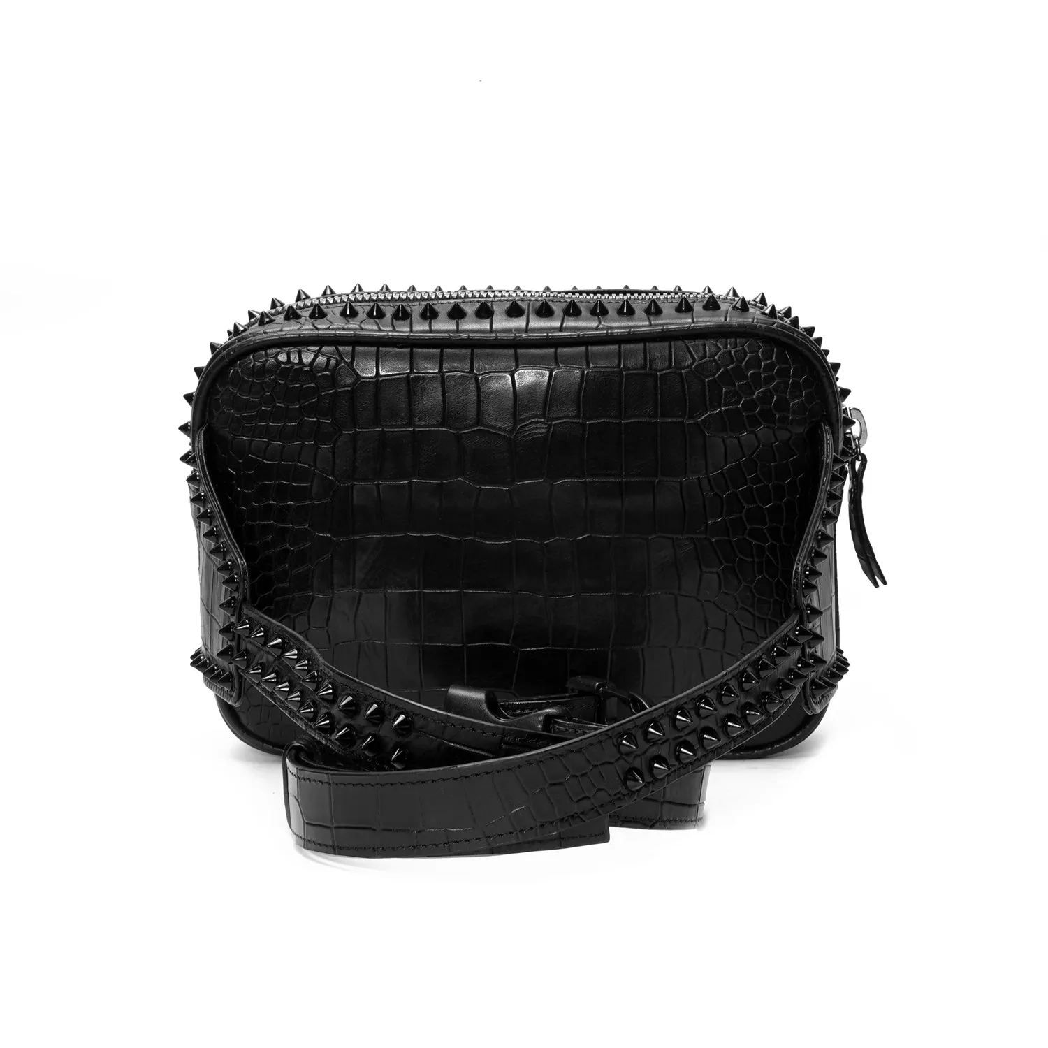 Studded fanny Pack Bag in Black Croco Texture Leather