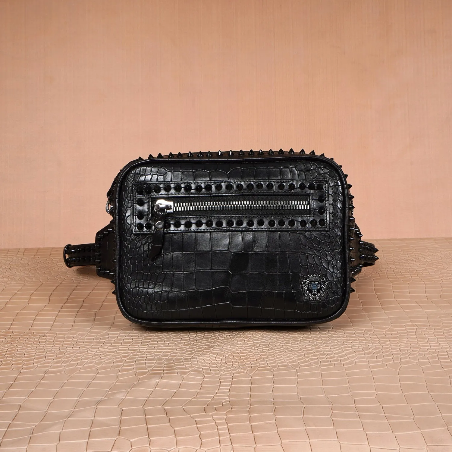 Studded fanny Pack Bag in Black Croco Texture Leather