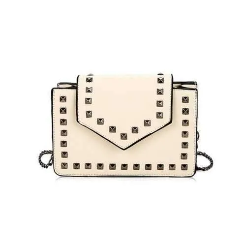 Studded Flapped Punk Crossbody Bag - Beige