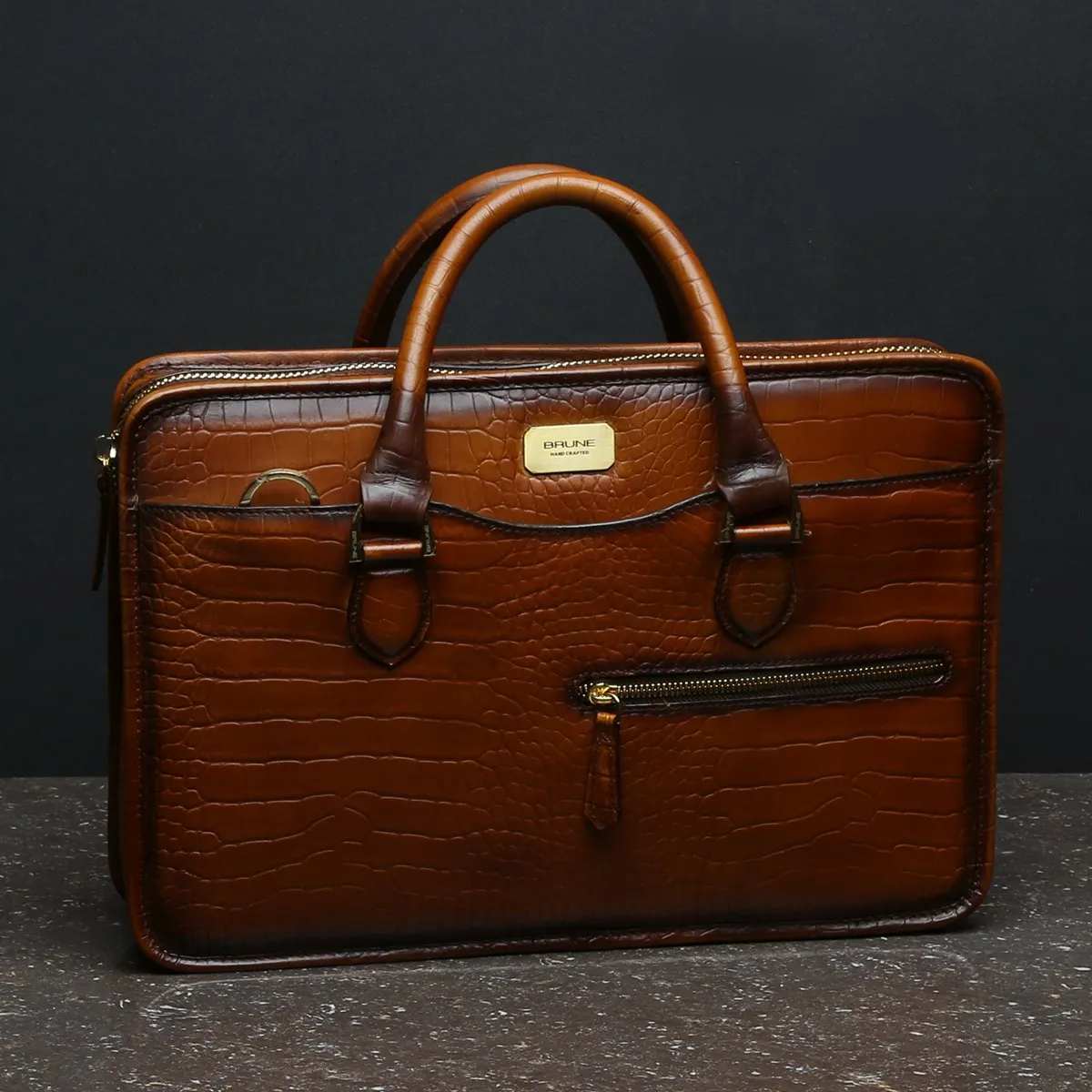 Tan Croco Burnished Leather Laptop Briefcase By Brune & Bareskin