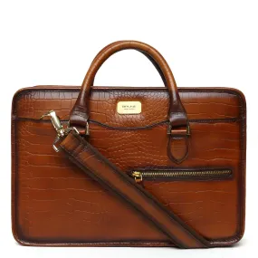 Tan Croco Burnished Leather Laptop Briefcase By Brune & Bareskin