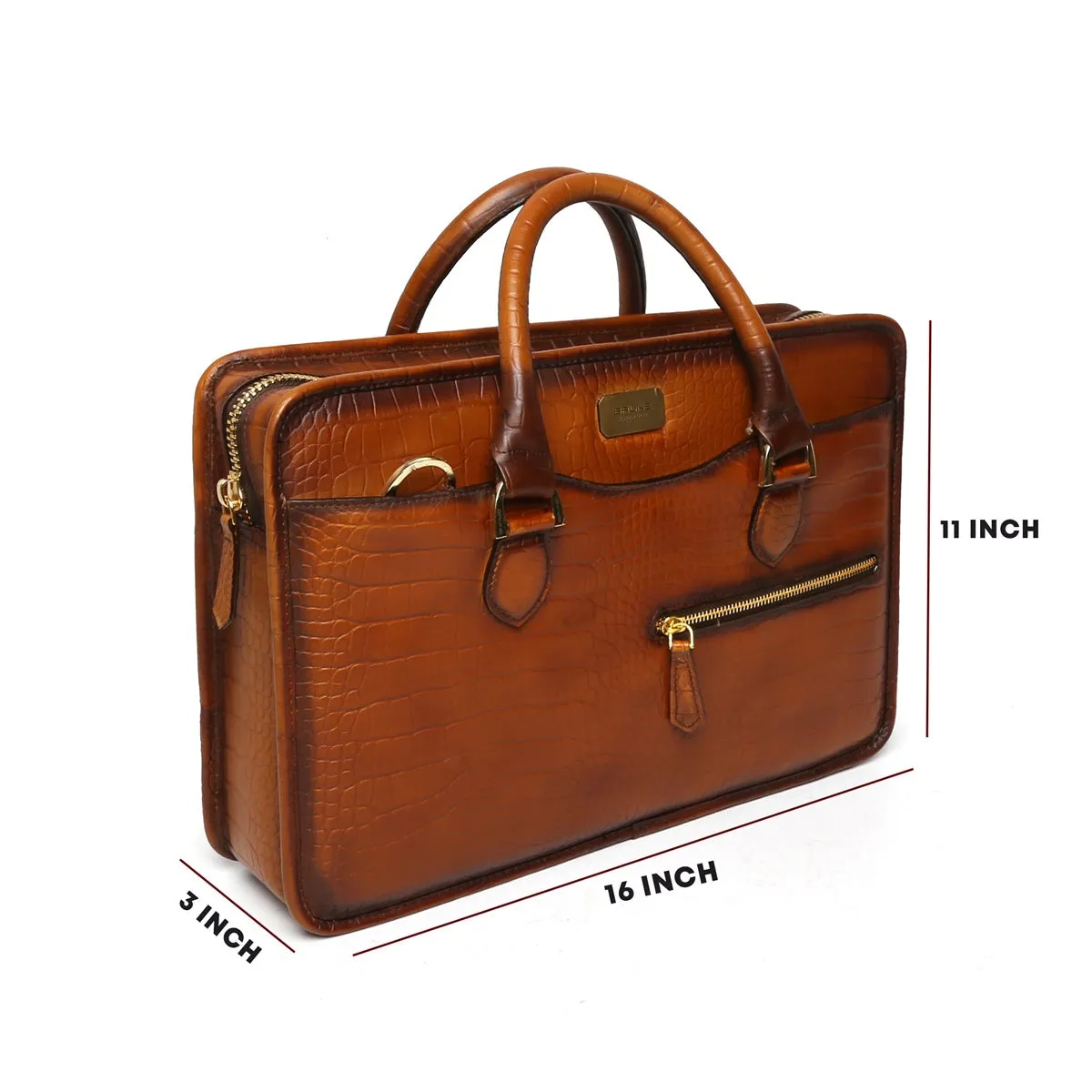 Tan Croco Burnished Leather Laptop Briefcase By Brune & Bareskin