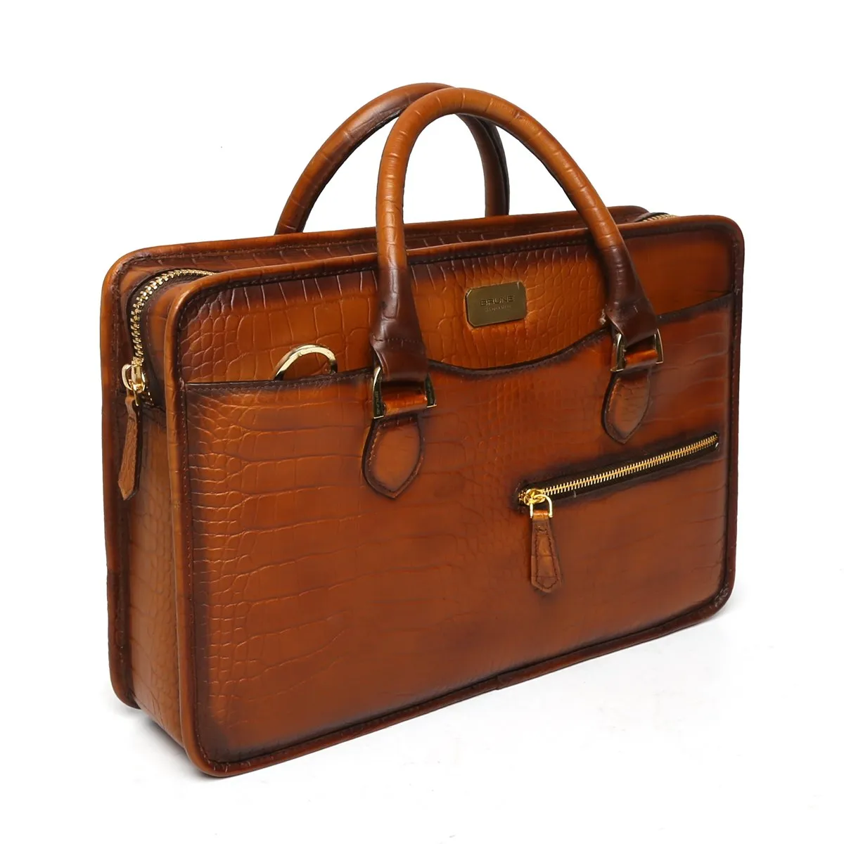 Tan Croco Burnished Leather Laptop Briefcase By Brune & Bareskin