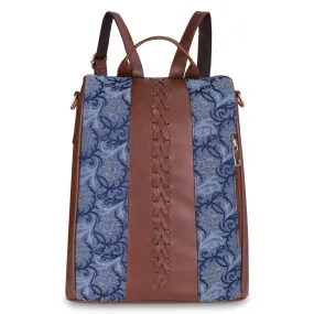 THE CLOWNFISH Akaya Collection Tapestry Fabric & Faux Leather Anti-Theft Back Open Style Womens Standard Backpack Travel Standard Backpack For College Going Girls (Blue-Floral), 10.5 Litre