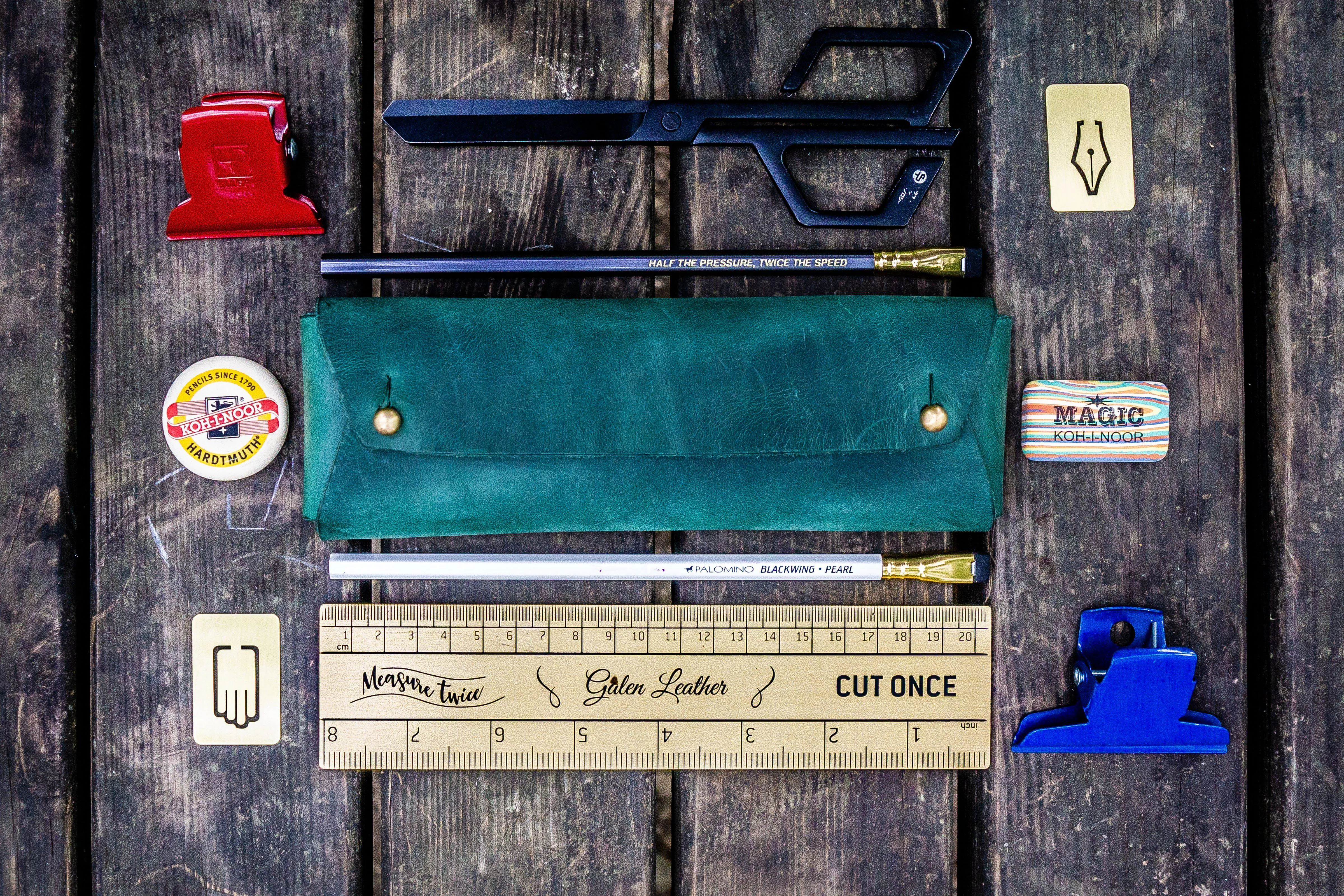 The Student Leather Pencil Case - Crazy Horse Forest Green