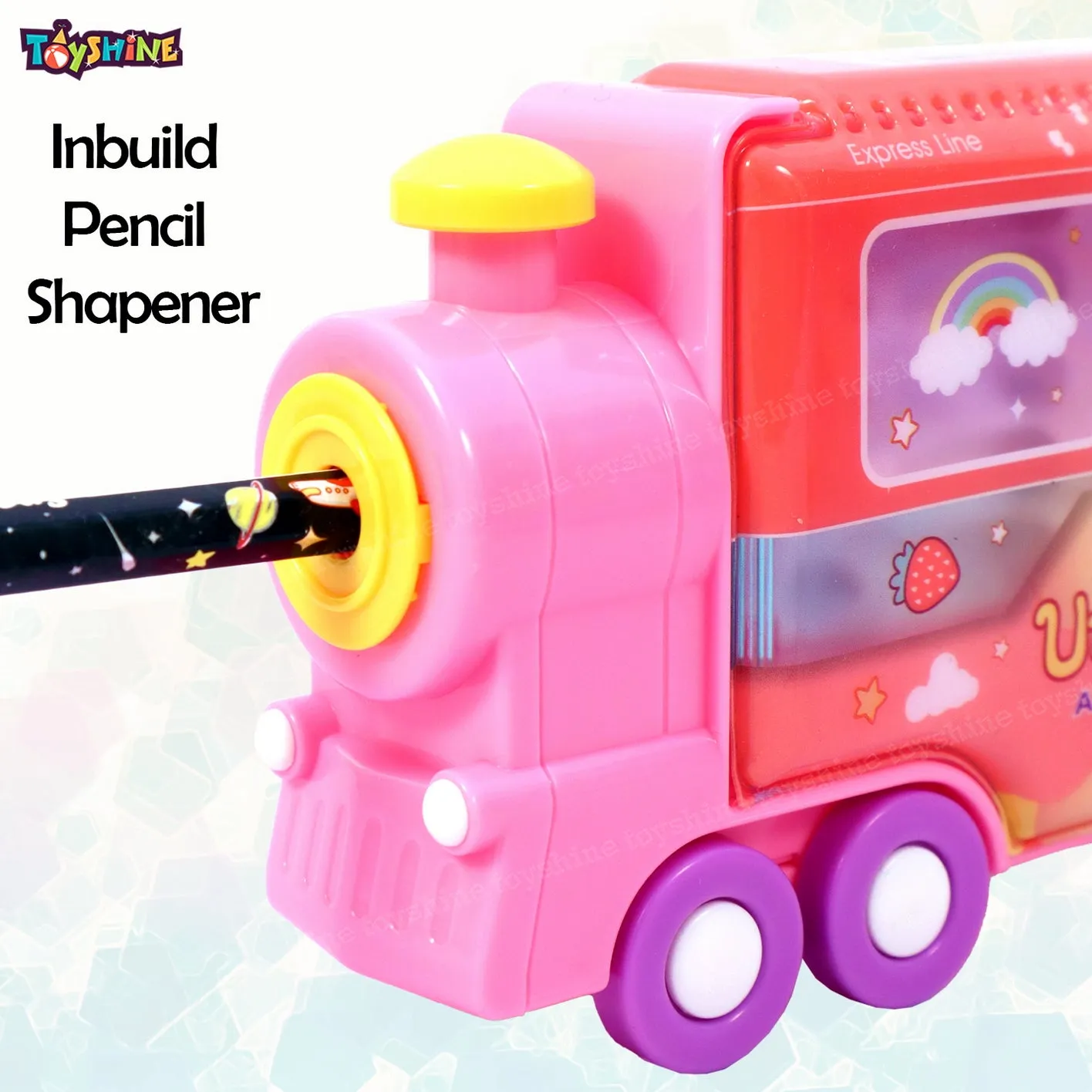 Toyshine Train Pencil Box with Moving Tyres and Sharpner for Kids - Pink / Blue