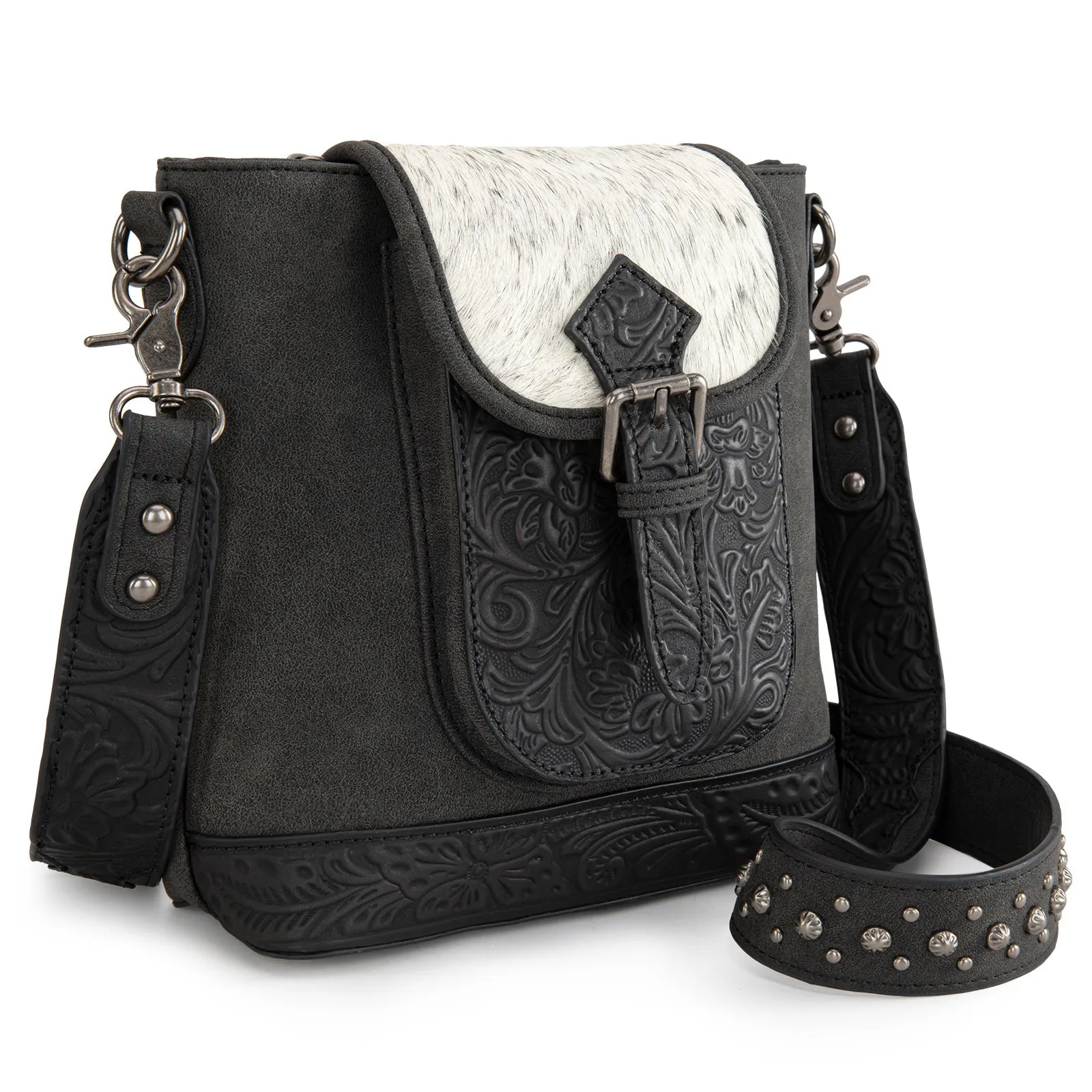 TR185G-9360  Trinity Ranch Genuine Hair-On Cowhide Tooled Concealed Carry Crossbody Bag- Black