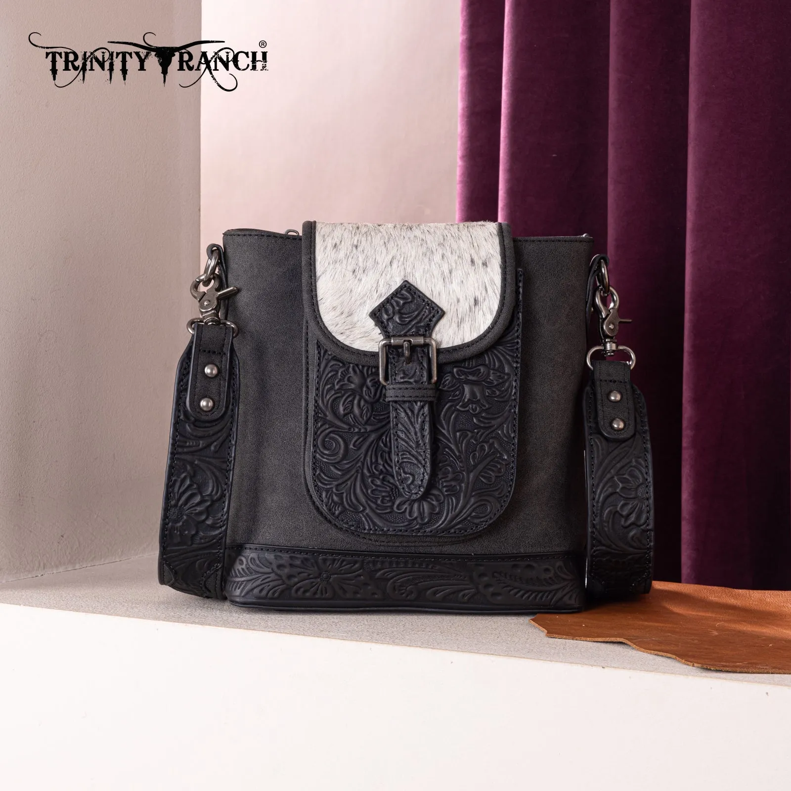 TR185G-9360  Trinity Ranch Genuine Hair-On Cowhide Tooled Concealed Carry Crossbody Bag- Black