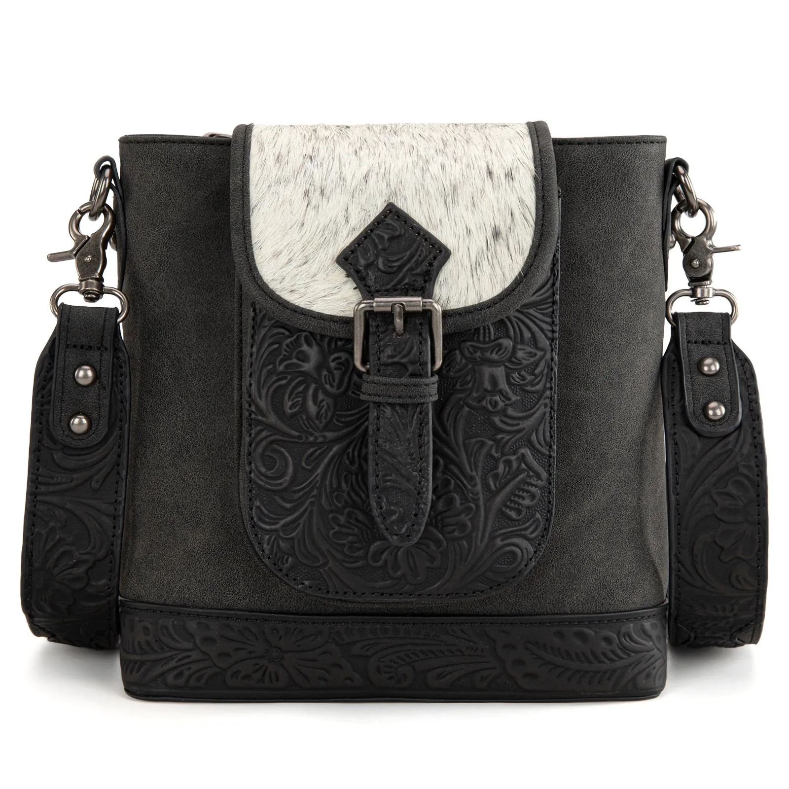 TR185G-9360  Trinity Ranch Genuine Hair-On Cowhide Tooled Concealed Carry Crossbody Bag- Black