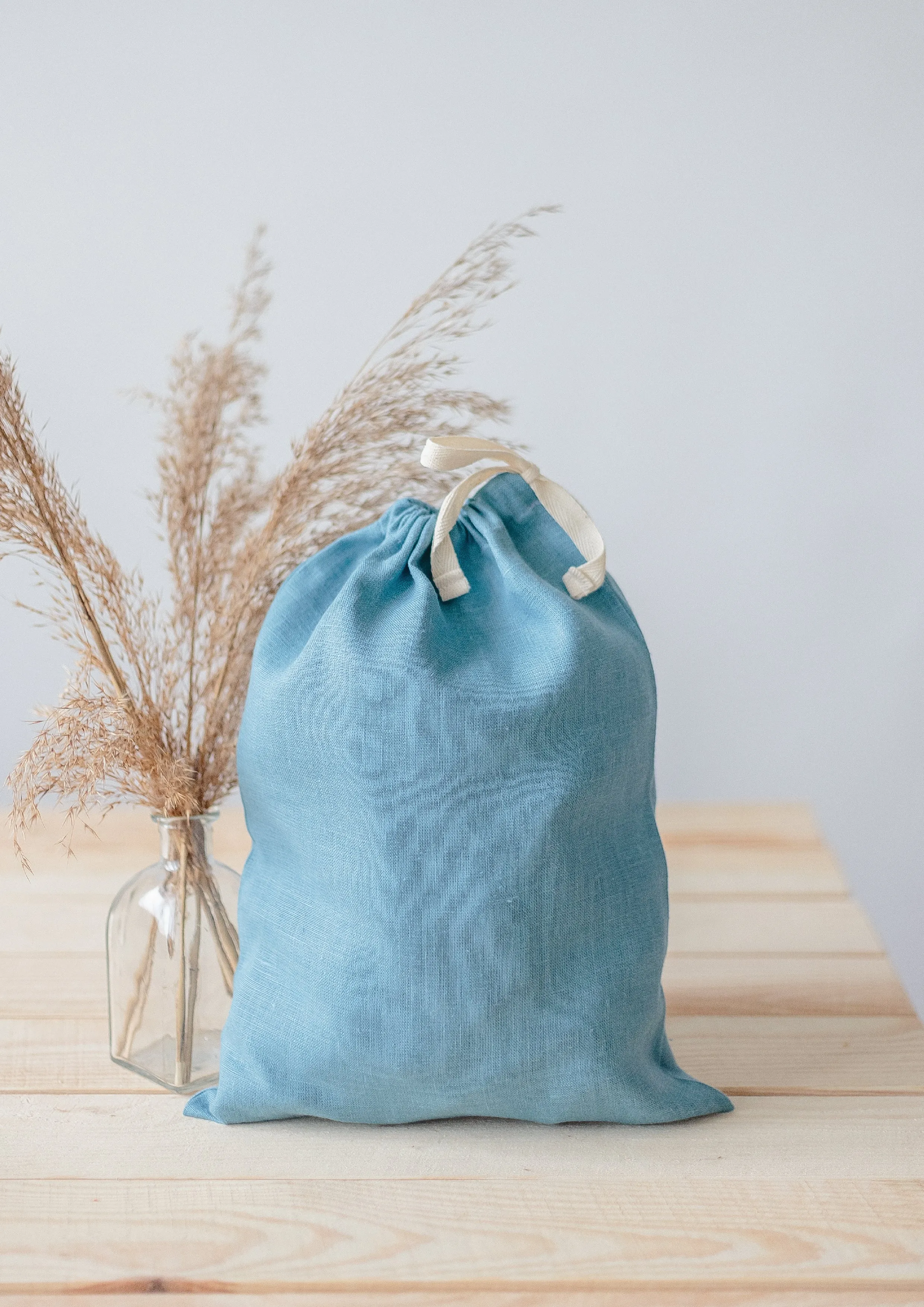 Turquoise Blue Linen Drawstring Storage Bag