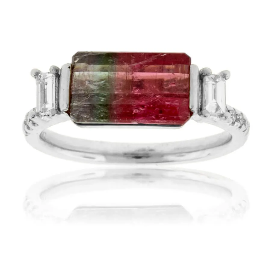 Watermelon Tourmaline & Diamond Baguette Ring