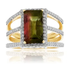 Watermelon Tourmaline & Diamond Three Row Ring