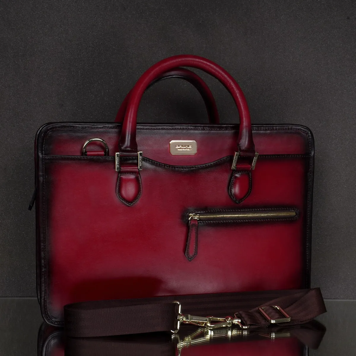 Wine Classic Genuine Leather Laptop Office Briefcase With Golden Accessories By Brune & Bareskin