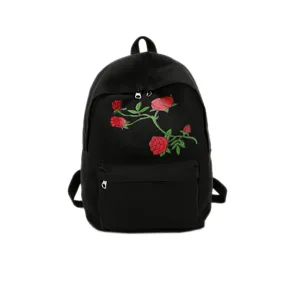 Women Girls Embroidery Rose School Bag Travel Backpack