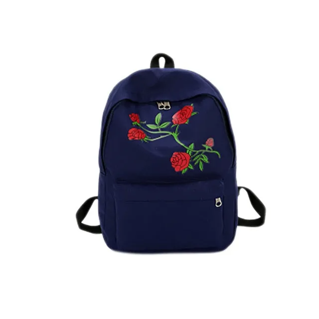 Women Girls Embroidery Rose School Bag Travel Backpack