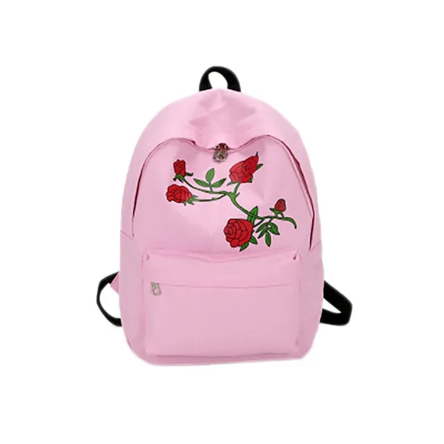 Women Girls Embroidery Rose School Bag Travel Backpack